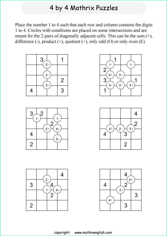 printable 4 by 4 Mathrix math calculation puzzle