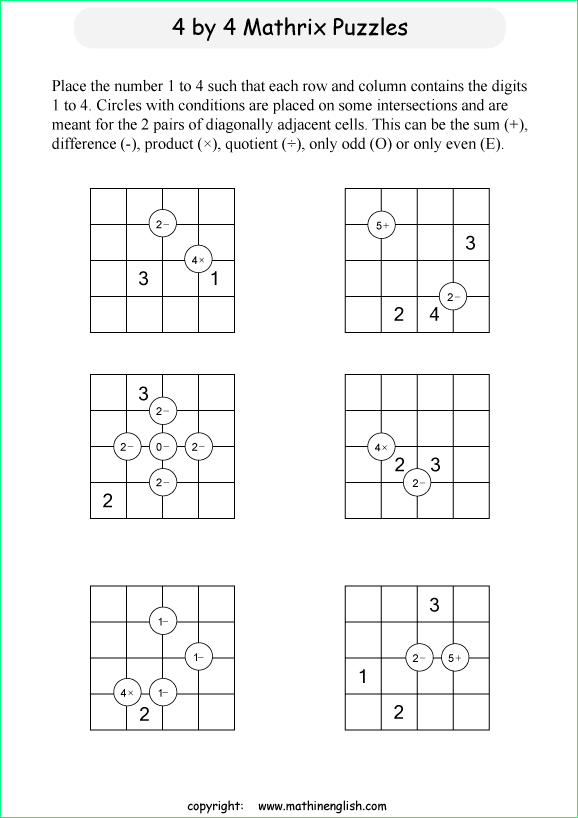 printable 4 by 4 Mathrix math calculation puzzle