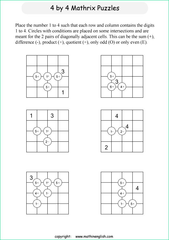 printable 4 by 4 Mathrix math calculation puzzle