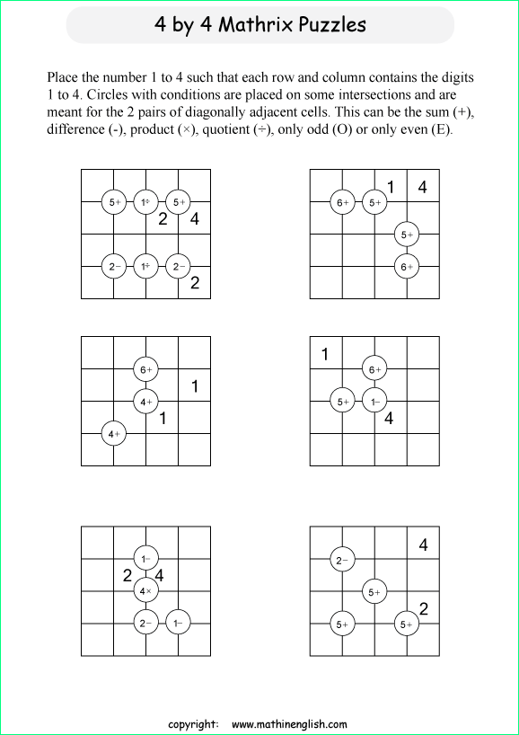 printable 4 by 4 Mathrix math calculation puzzle