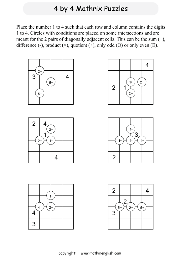 printable 4 by 4 Mathrix math calculation puzzle