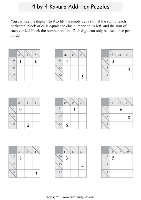 printable Kakuro addition puzzle for kids