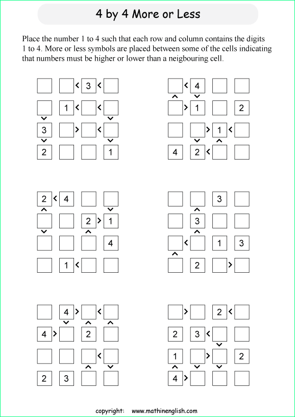 printable 4 by 4 More or Less math Sudoku for children