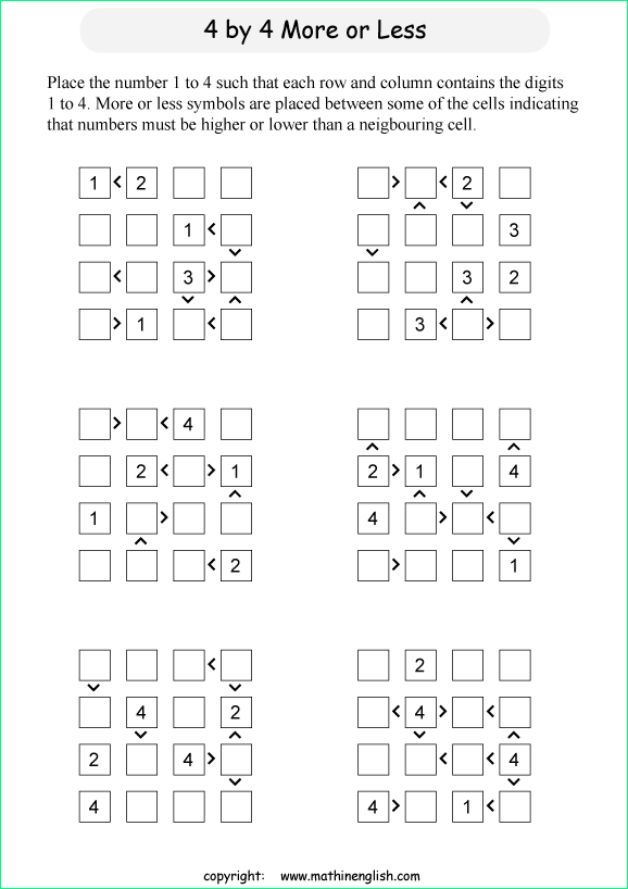 printable 4 by 4 More or Less math Sudoku for children