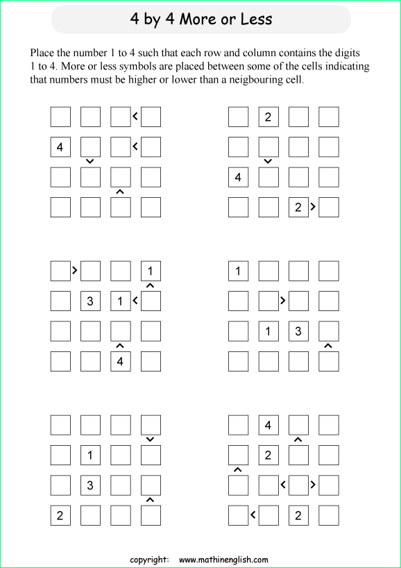 printable 4 by 4 More or Less math Sudoku for children