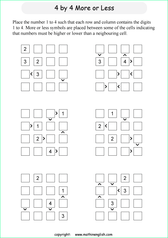 printable 4 by 4 More or Less math Sudoku for children