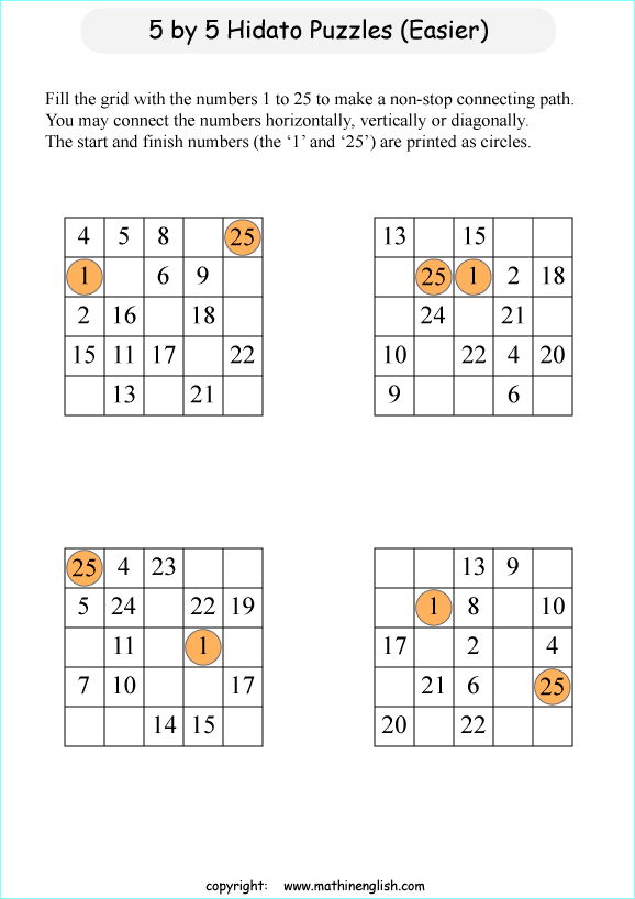 printable easy Hidato logic IQ puzzle for kids