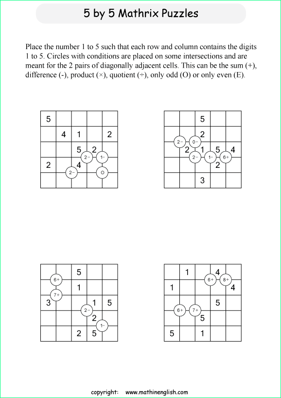 printable 5 by 5 Mathrix math calculation puzzle