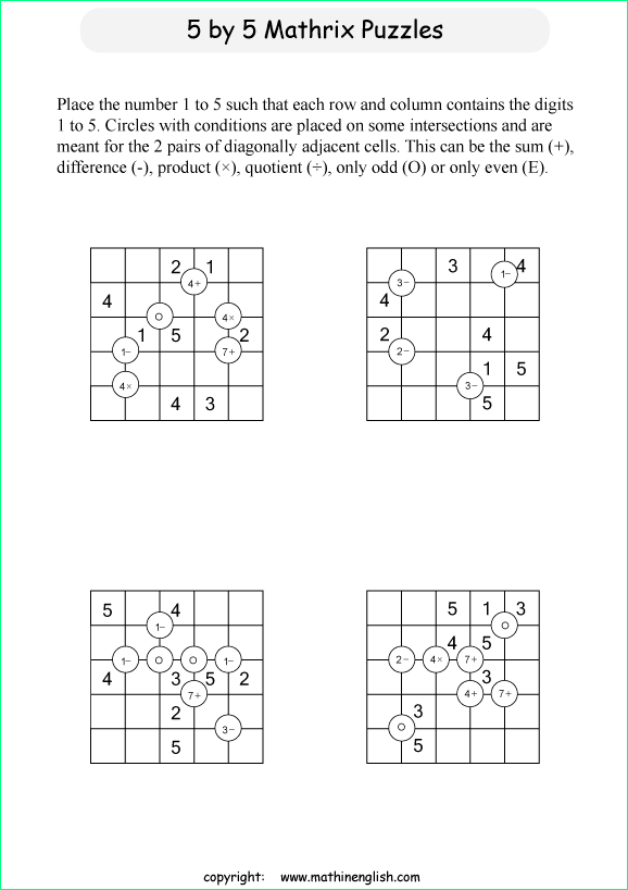 printable 5 by 5 Mathrix math calculation puzzle