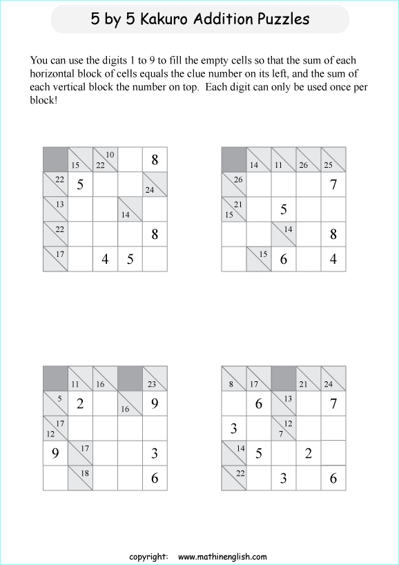 printable Kakuro addition puzzle for kids