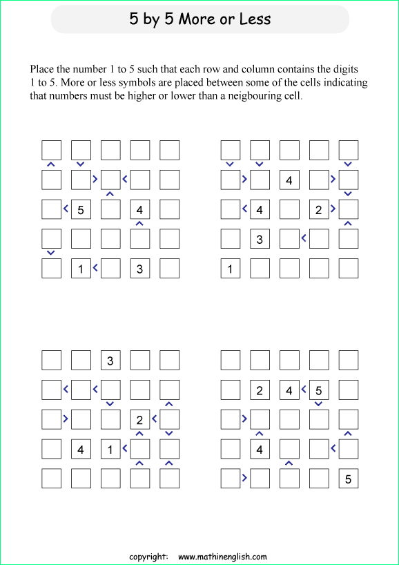 printable 5 by 5 More or Less math Sudoku for children