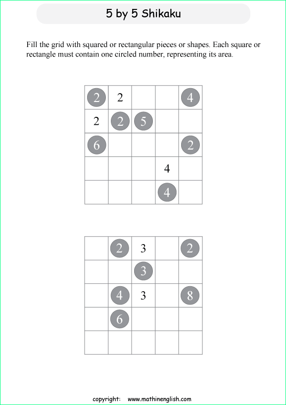 printable Shikaku logic puzzle for kids