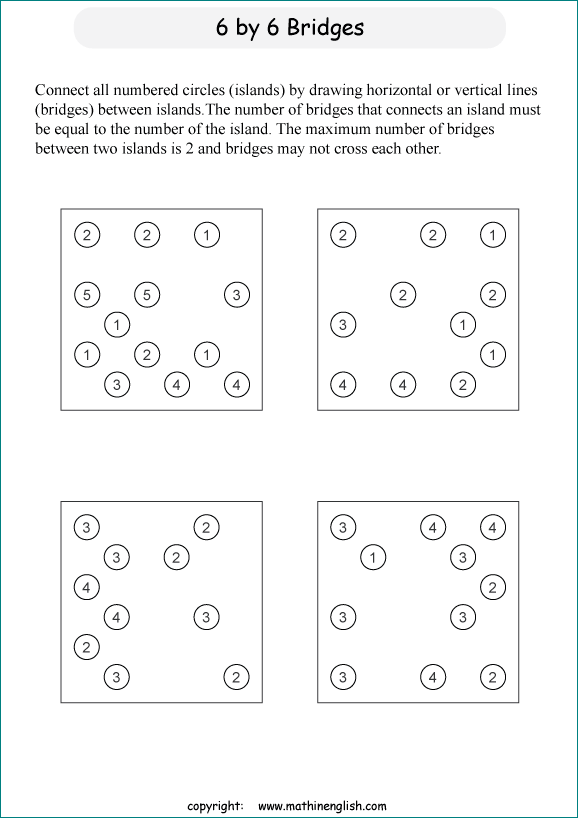 printable Building Bridges logic IQ puzzle for kids and math students