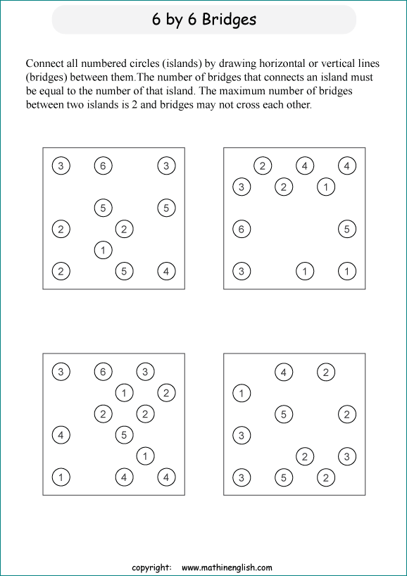 printable Building Bridges logic IQ puzzle for kids and math students