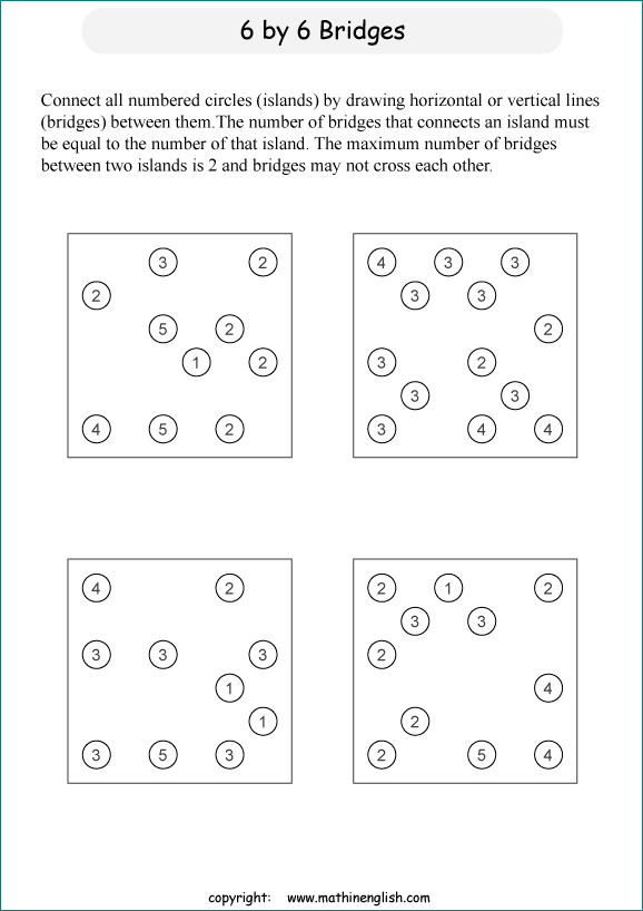 printable Building Bridges logic IQ puzzle for kids and math students