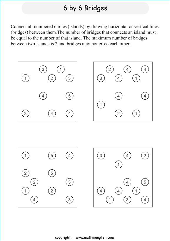 printable Building Bridges logic IQ puzzle for kids and math students