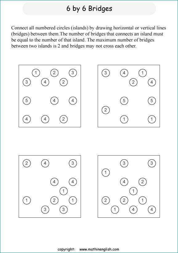 printable Building Bridges logic IQ puzzle for kids and math students