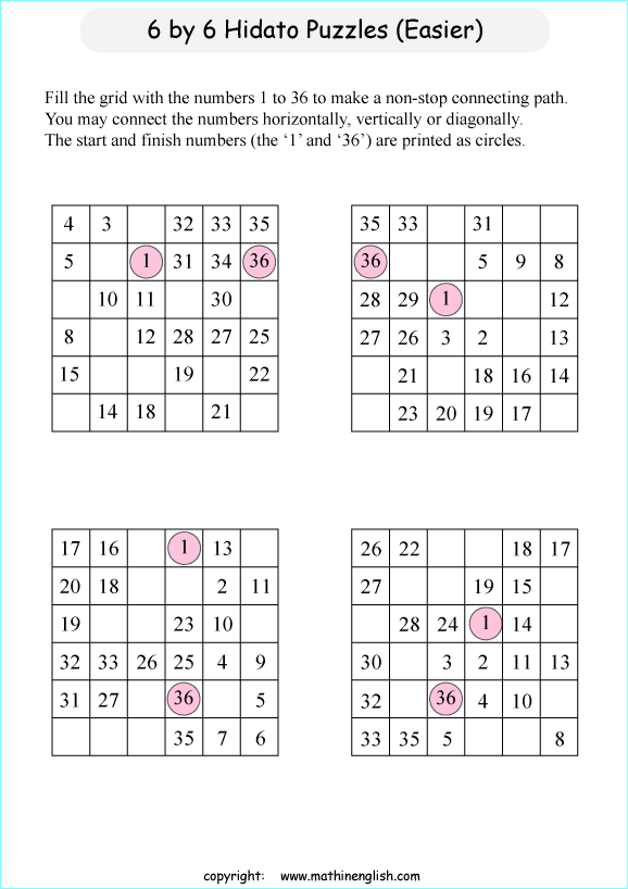 printable 6 by 6 Hidato logic IQ puzzle for kids