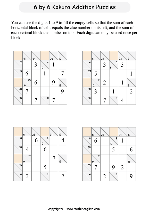 printable 6 by 6 Kakuro addition puzzle for kids