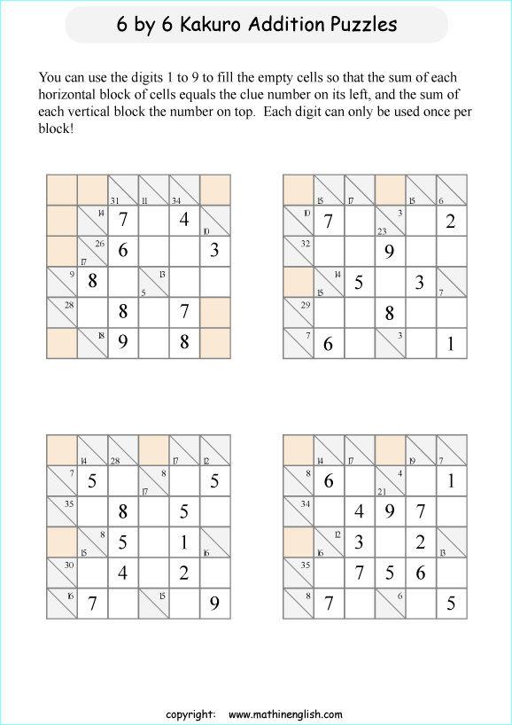 printable 6 by 6 Kakuro addition puzzle for kids