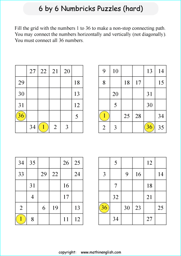 printable 6 by 6 Numbrix IQ number puzzle for kids