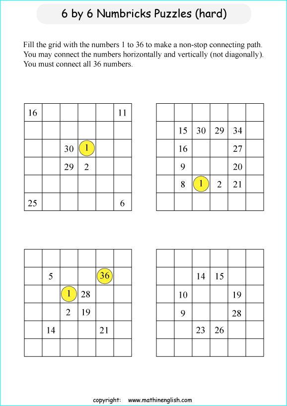 printable 6 by 6 Numbrix IQ number puzzle for kids