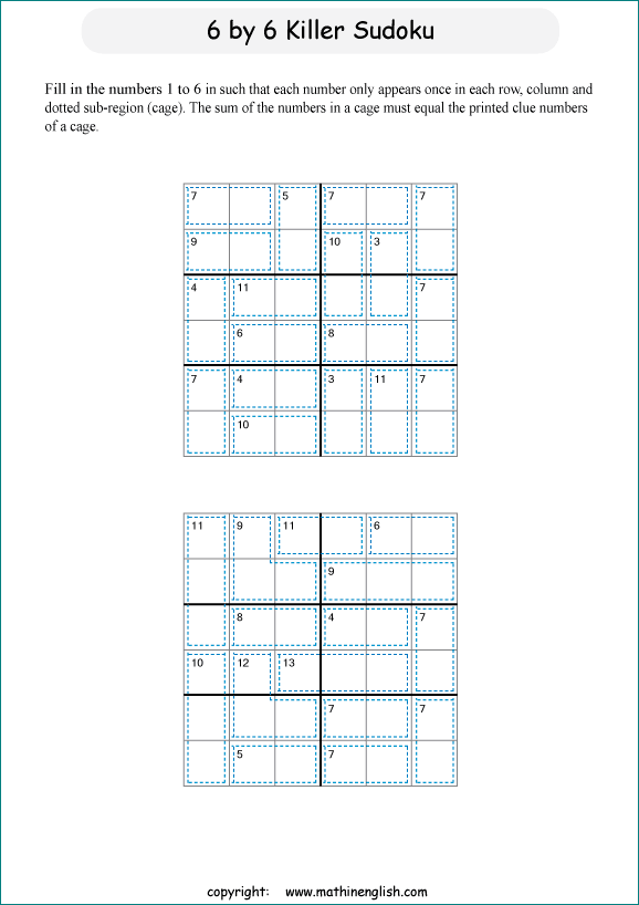 printable 6 by 6 Killer Sudoku math operations puzzle for kids and math students