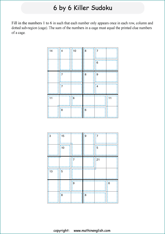 printable 6 by 6 Killer Sudoku math operations puzzle for kids and math students