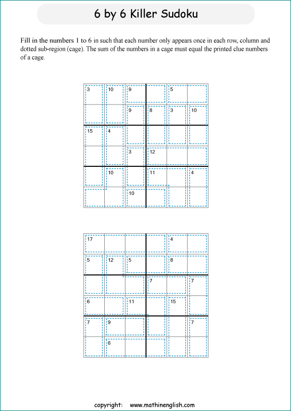 printable 6 by 6 Killer Sudoku math operations puzzle for kids and math students