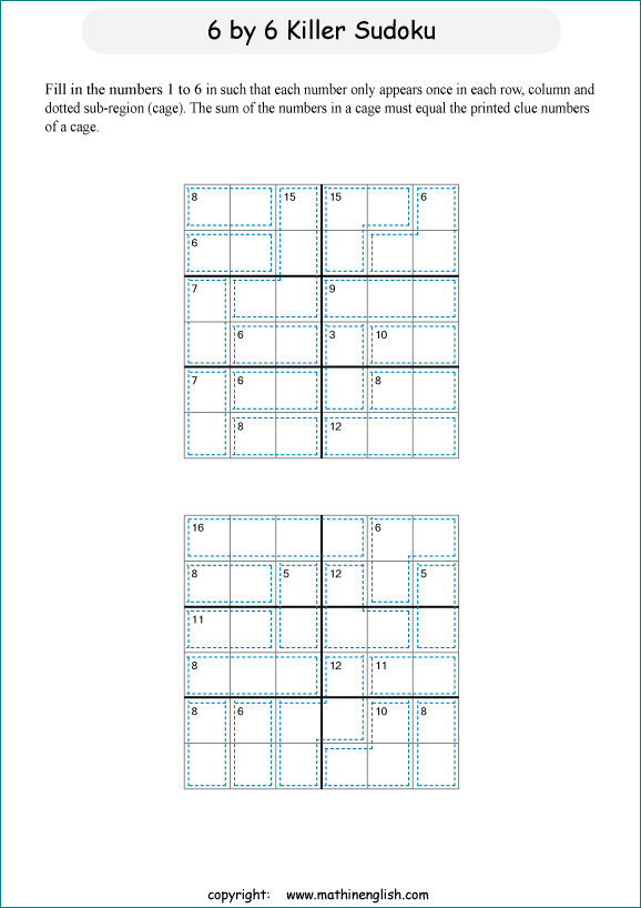 printable 6 by 6 Killer Sudoku math operations puzzle for kids and math students