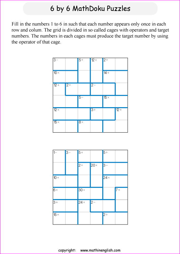 printable 6 by 6 mathdoku math operations puzzle for kids and math students