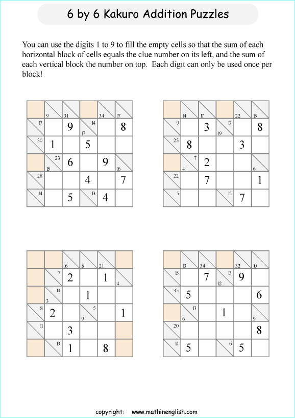 printable 6 by 6 Kakuro addition puzzle for kids