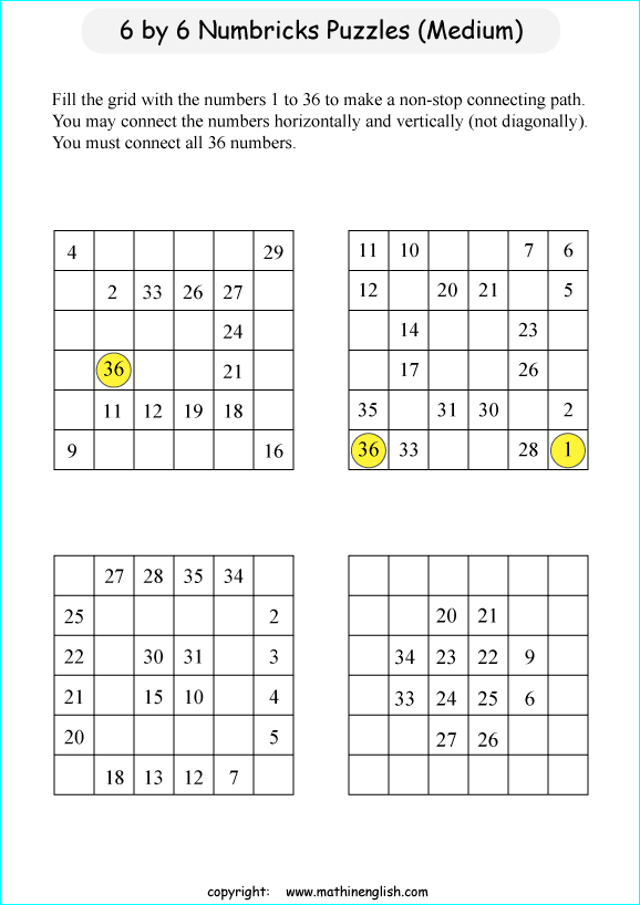 printable 6 by 6 Numbrix IQ number puzzle for kids