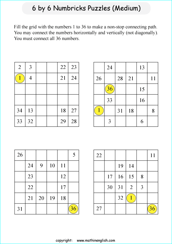 printable 6 by 6 Numbrix IQ number puzzle for kids