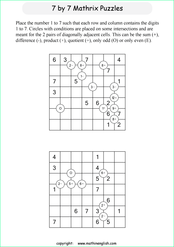 printable 7 by 7 Mathrix math calculation puzzle