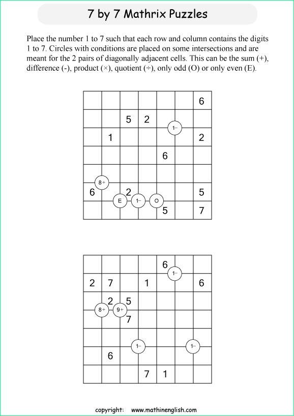 printable 7 by 7 Mathrix math calculation puzzle