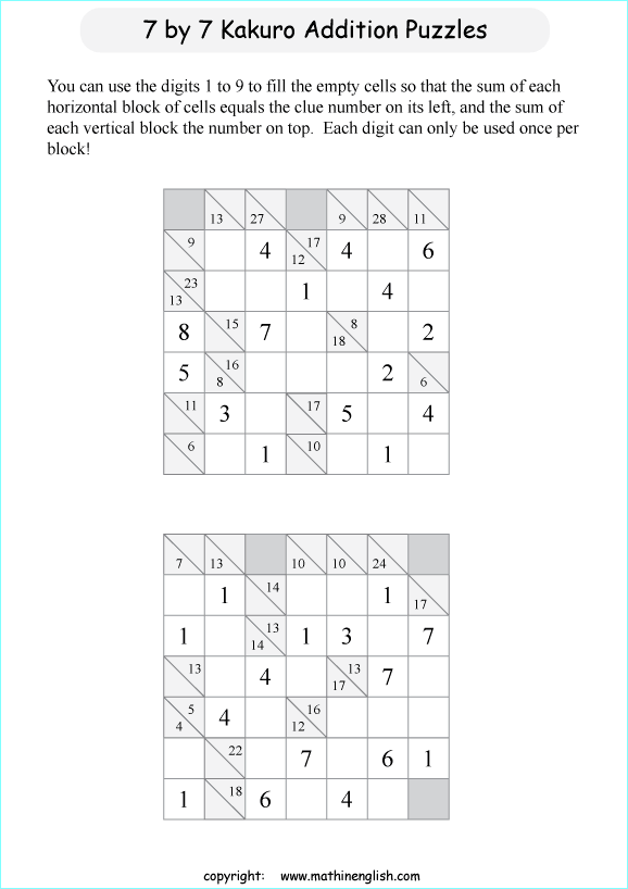printable 7 by 7 Kakuro addition puzzle for kids