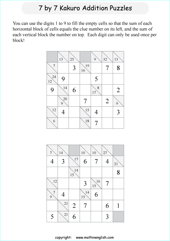 printable 7 by 7 Kakuro addition puzzle for kids