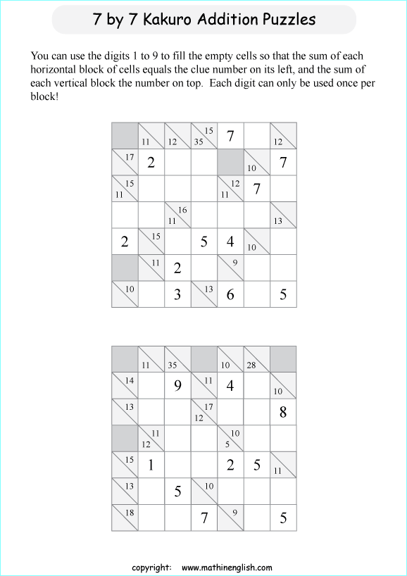 printable 7 by 7 Kakuro addition puzzle for kids