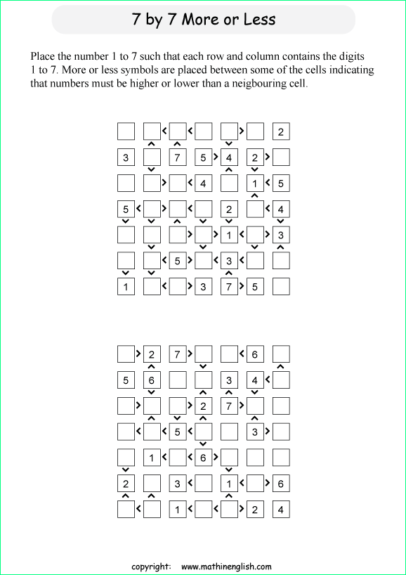 printable 7 by 7 More or Less math Sudoku for children