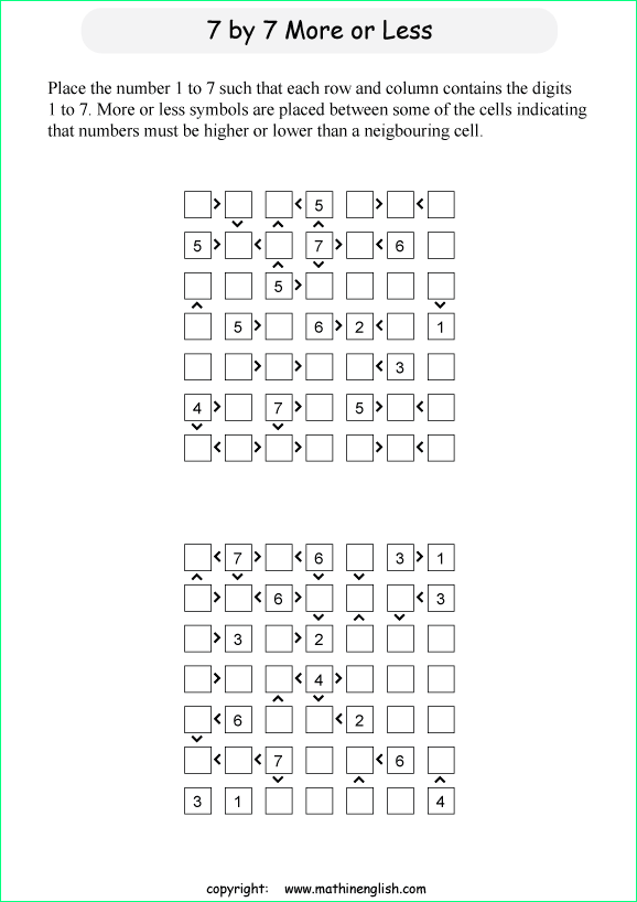 printable 7 by 7 More or Less math Sudoku for children