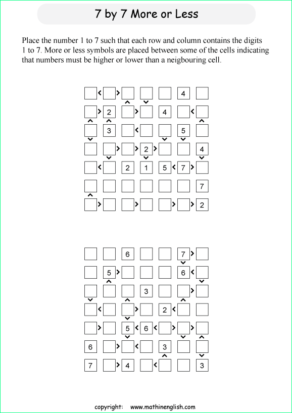 printable 7 by 7 More or Less math Sudoku for children