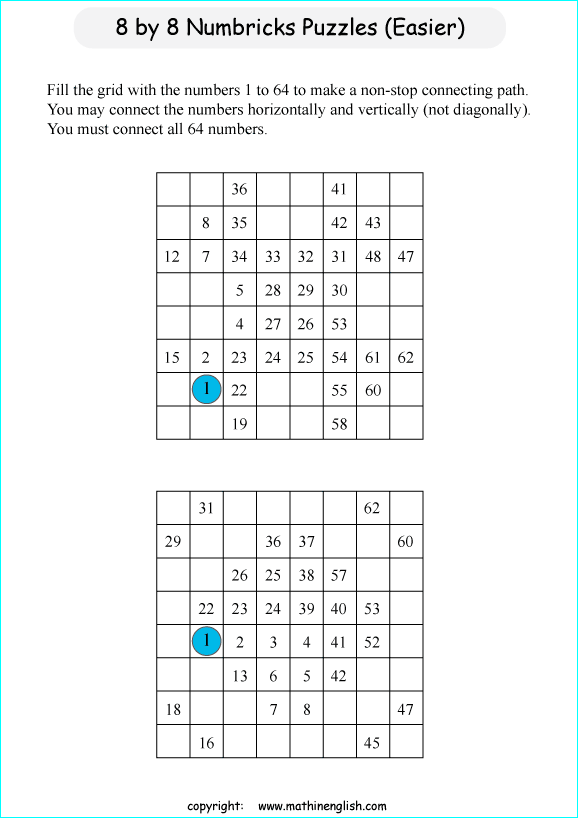 printable 8 by 8 Numbrix IQ number puzzle for kids