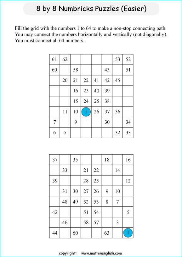 printable 8 by 8 Numbrix IQ number puzzle for kids