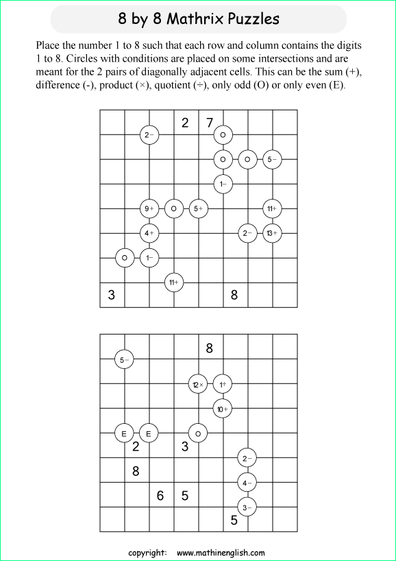 printable 8 by 8 Mathrix math calculation puzzle