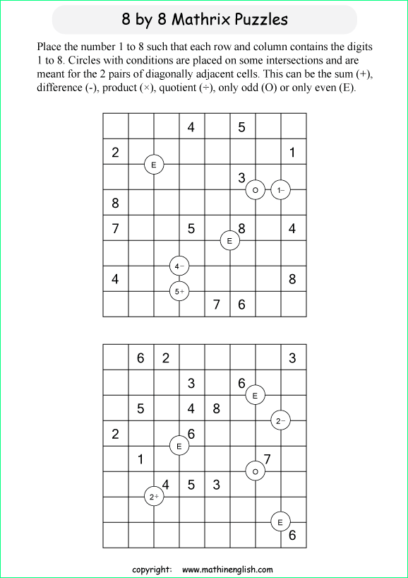 printable 8 by 8 Mathrix math calculation puzzle