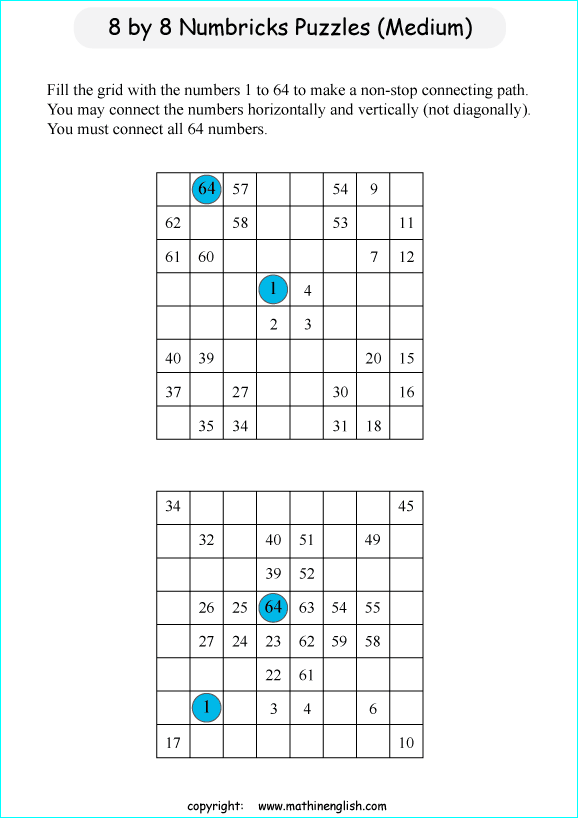 printable 8 by 8 Numbrix IQ number puzzle for kids
