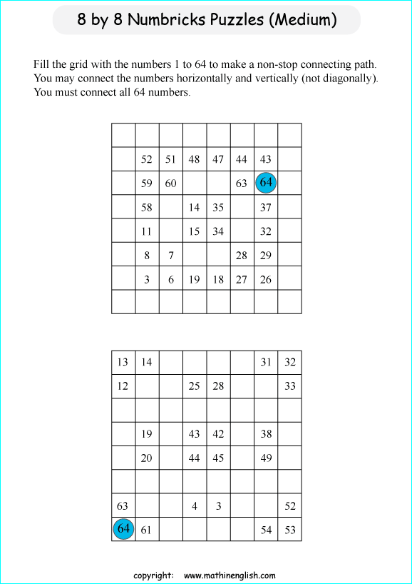 printable 8 by 8 Numbrix IQ number puzzle for kids