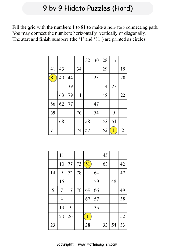 printable 9 by 9 Hidato logic IQ puzzle for kids
