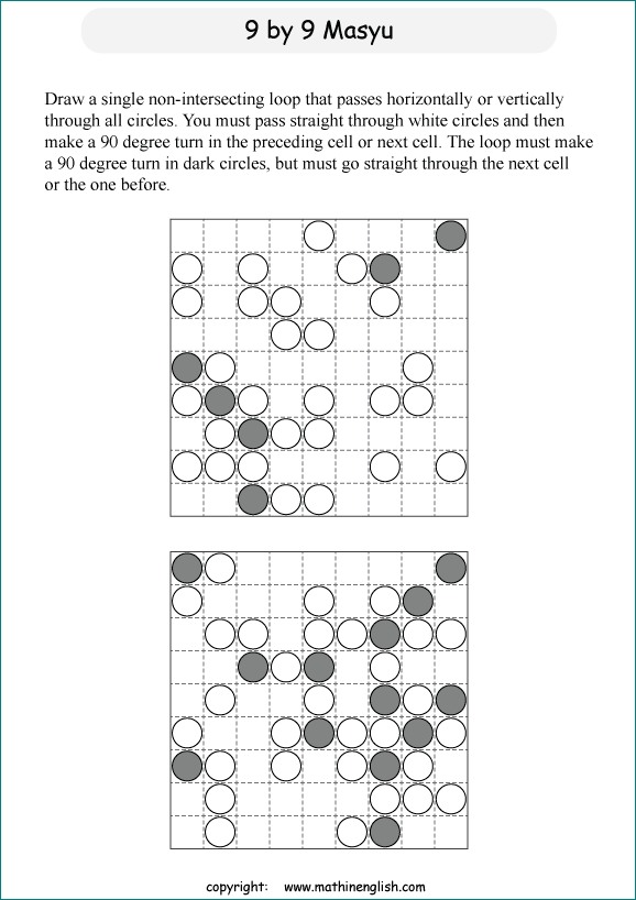 printable Japanese Masyu logic puzzle for kids and math students